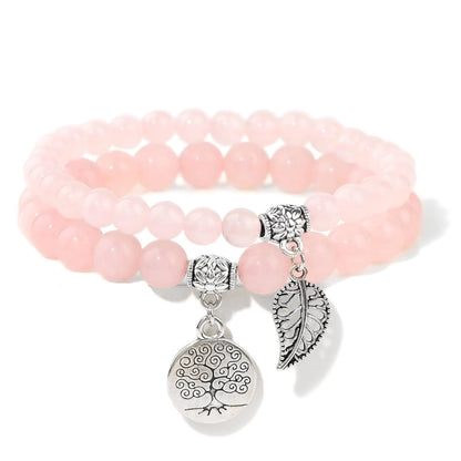 Rose Quartz Bracelets for Women Pink Quartz Natural Stone Crystal Bracelet Gemstone Beaded Bracelet Boho Tree of Life and Leaf Charm Bracelet Rose Quartz Jewelry for Women